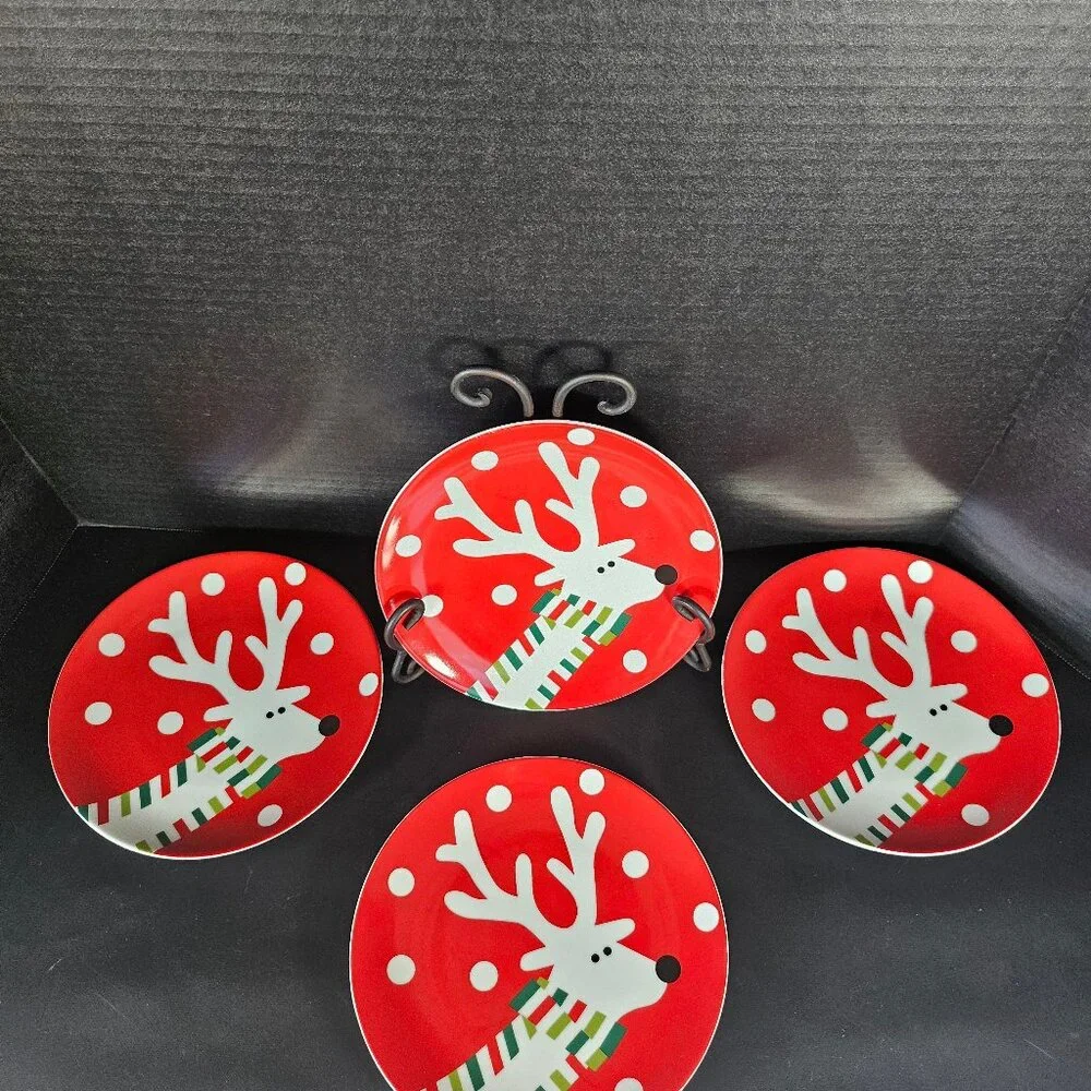 Crate And Barrel. 4 Reindeer Appetizer, Salad, Dessert Plates. 7.5